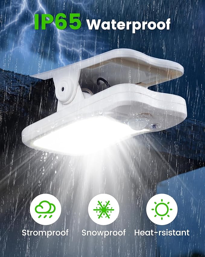Clip on Solar Lights for Fence, 3 Modes Solar Motion Lights Outdoor Waterproof, 60LEDs 500LM Portable Security Light for Fence, Deck, Garage, Camping, USB Charging, 2 White