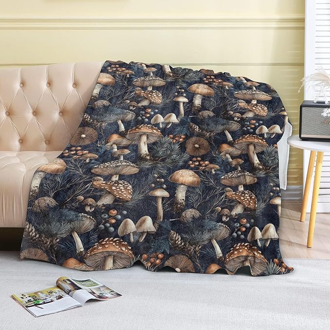 Vintage Mushroom Forest Fleece Blanket - 50x60in Woodland Retro Throw Blankets,Soft Cozy Lightweight, Ideal for Living Room Home Rustic Decor and Kids Women Girls Spring Gifts