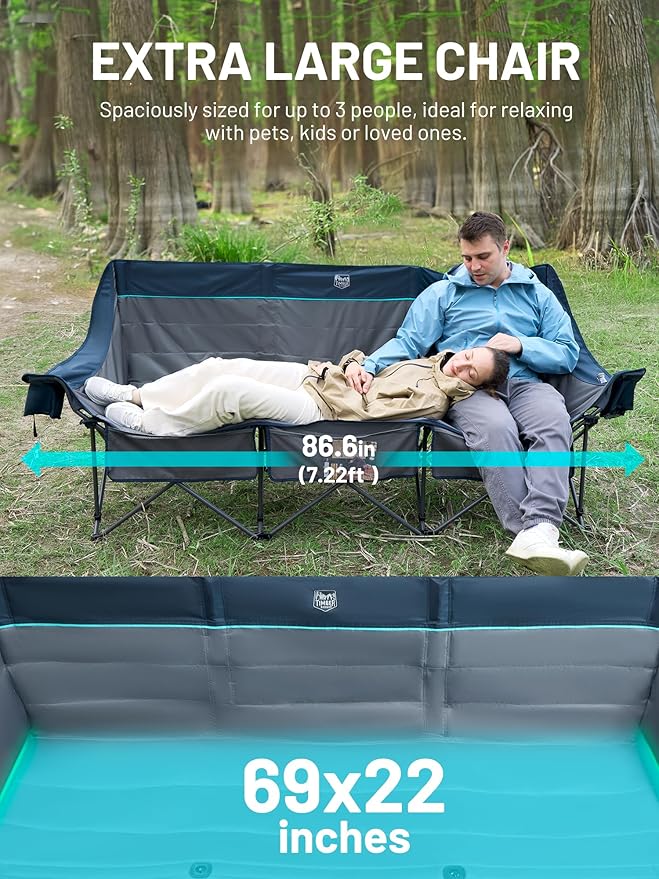 Timber Ridge 3 Person Camping Chair with Cup Holders and Pockets, Outdoor Folding Loveseat Camping Chairs, 1050lbs Capacity Heavy Duty Camp Couch for Outside Picnic, Beach, Lawn, Sports, Blue