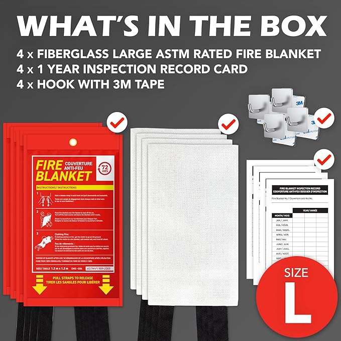 72 HRS Large Emergency Fire Blanket 47"×47" (4-Pack) – Fiberglass Fire Safety Tool for Home, Kitchen, Camping, Survival | Extinguisher Alternative for Grill, Welding, Fire Pit