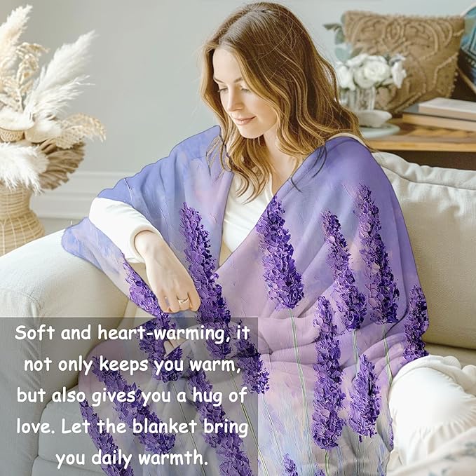 Lavender Fields Flannel Blanket, Floral Gifts, Lavender-Themed Blanket for Women, Soft Lightweight Throw Blankets for Bed Home Travel Decor 60" x 80"