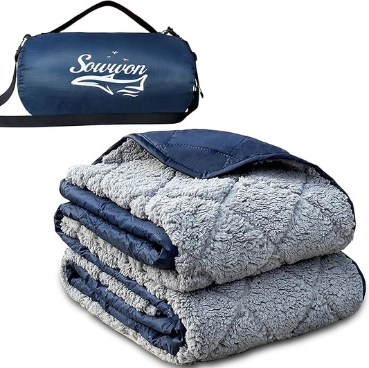 Waterproof Outdoor Blanket 82”X 55” Packable, Stadium Blankets for Camping with Sherpa Fleece Lining, Large Windproof Emergency Mat for Garss Picnic Hiking Road Trip, Machine Washable, Navy 300GSM