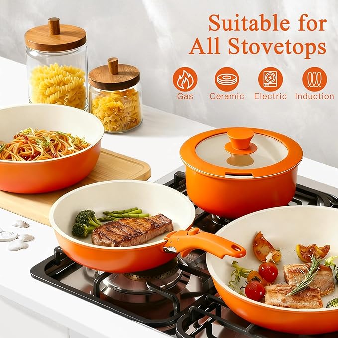 GiPP 5PCS Pots and Pans Set Non Stick, Nonstick Cookware Set Detachable Handle, Ceramic Pots for Cooking Non Stick with Removable Handle, RV Cookware Set for All Stoves, Orange Gradien