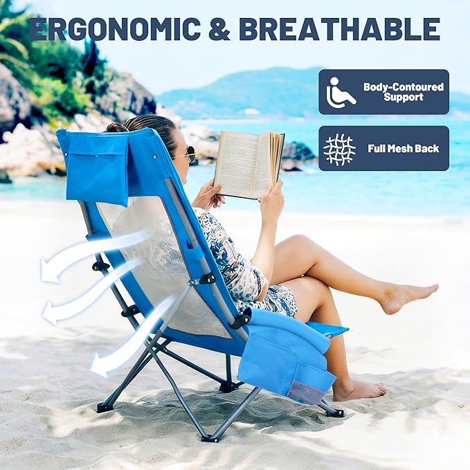 Youtanic High Back Beach Camping Chair 2 Pack, Extra Wide Folding Outdoor Chair with Cooler Bag, Breathable Mesh & Dual-Use Pillow, Portable Lounge Seat for Adults, Sand, Sports, Picnic, Blue