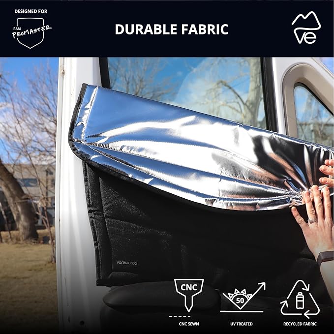 VanEssential Insulated Reflective Blackout Front Door Window Covers Designed for RAM Promaster Van Years 2014 to Current Model (Pair) - Charcoal Gray Reflective