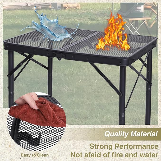 REDCAMP 2 Feet Small Folding Grill Table for Outside, 3 Heights Adjustable Portable Metal Outdoor Picnic Table for Camping Travel Cooking BBQ, Black, 24" Lx 16" Wx 27.5" H