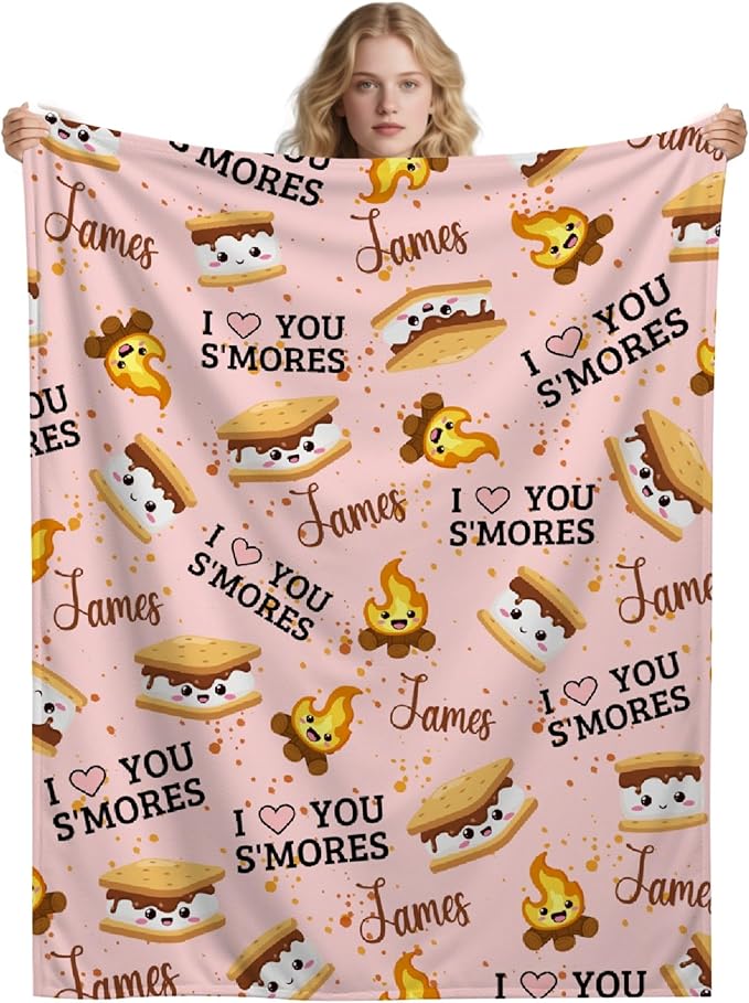 Custom S'Mores Blanket with Name | Personalized Marshmallow Blanket for Girls Boys | Ultra Soft Customized Cookie Throw for Couch/Sofa/Travel/Camping Home Decor - 60"x80"-Adults/Twin Size