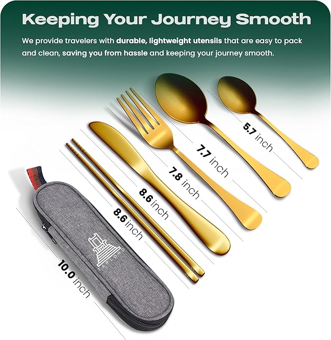 Taplord Portable Travel Silverware Set With Case, Includes 5 Pcs of Travel Utensils With Case, Stainless Steel Flatware Set For Camping, Easy to Travel, Lightweight (Gold)