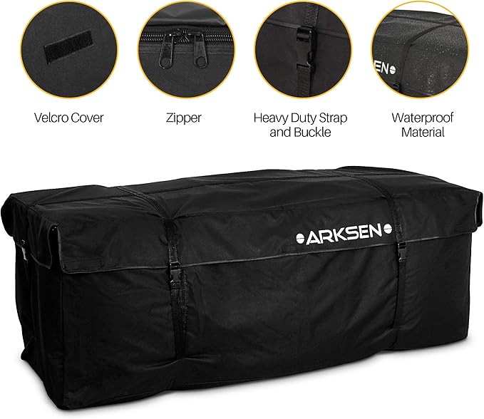ARKSEN Roof Cargo Bag, 13.6 Cubic Feet Waterproof Luggage Storage, Include Net, Heavy Duty Stainless Steel Hitch Tightener, Anti-Rattle Stabilizer, 16Ft Straps