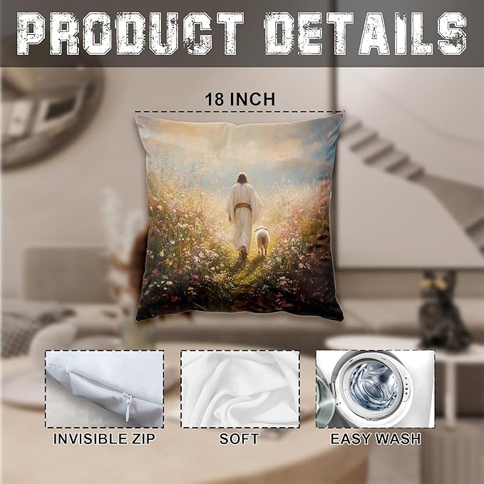 Christian Jesus and Lamb Pillow Covers 18x18, Christian Home Decor, Jesus Leaves the 99 Sheep Religious Bible Verse Decorative Throw Pillow Covers for Home Bedroom Living Room Sofa Couch