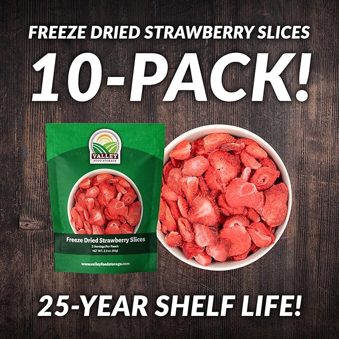 Valley Food Storage Freeze Dried Strawberries | Emergency Food Supply, 25 Year Shelf Life | Survival Food, Camping Snacks & Long Term Prepper Storage | Real Fruit, Packaged in USA (10 Bags + Bucket)