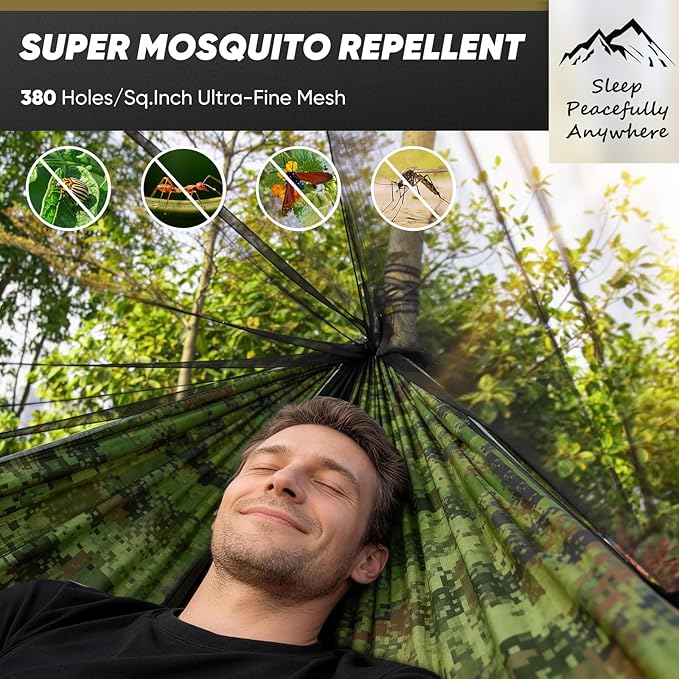 Camping Hammock with Mosquito Net, 600 lbs Portable Hammock with Tree Straps,2-in-1 Double/Single Travel hammocks Tent for Outside/Indoor/Backpacking/Beach-Plaid Camouflage