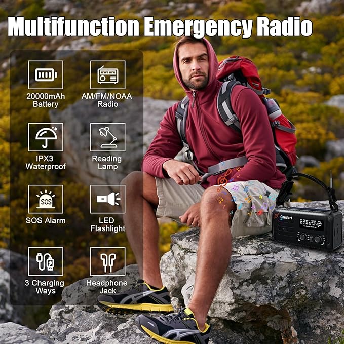 NOAA Weather Radio 20000mAh Battery Powered｜Solar Hand Crank Emergency Radio AM/FM｜USB-C Charger｜SOS Alarm｜Flashlight & Reading Lamp｜Hurricane Storm Power Outage Survival Emergencies (Black)