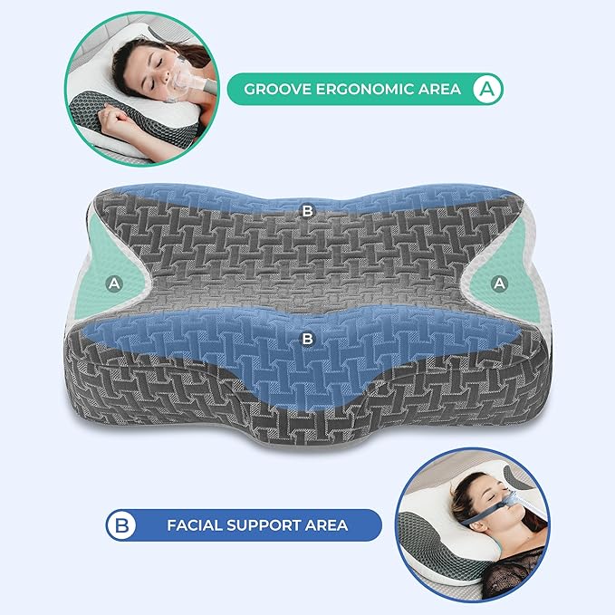Elviros Cervical Neck CPAP Pillow for Sleeping, Ergonomic Adjustable Height Neck Support Memory Foam Bed Pillow for CPAP Users with Sleep Apnea, Suitable for Side and Back Sleepers