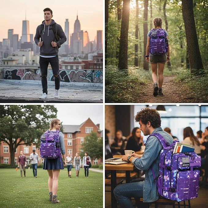 45L Military Tactical Backpack for Men & Women Bug Out Bag Assault pack Molle Daypack Hiking Trekking Rucksack (2.0 side pockets (purple tie-dye)