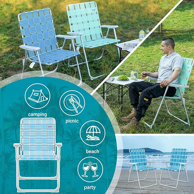 #WEJOY Folding Beach Chair for Adults, Lightweight Beach Chair with Shoulder Straps, High Back Camping Chairs with Hard Armrest, Supports 300lbs for Outdoor Lawn Concert