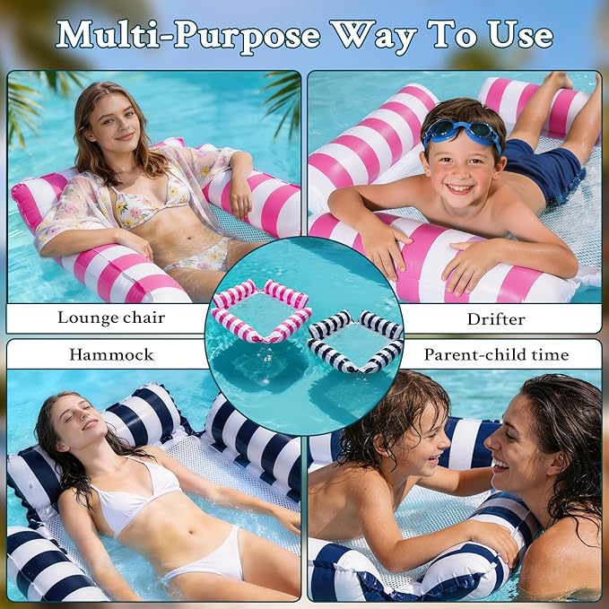 Pool Floats Adult Inflatable Hammock with Cooling Mesh, Portable Foldable Water Chair for Beach Vacation Essentials, Striped Floaties for Adults, Lightweight for Travel & Summer Relaxing