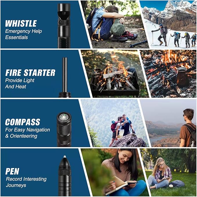Multi-Functional Survival Tactical Pen 11-in-1, Includes Umbrella Rope, Utility Knife, Whistle & Fishing Tools, Emergency Safety Kit for Hikers Campers Anglers