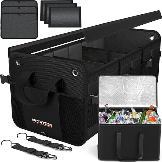 FORTEM Trunk Organizer with Cooler For SUV Car Organizer and Storage, Collapsible Multi-Compartment, Perfect Christmas Gifts For Men, Women, 1680D Oxford, Non Slip Bottom, Straps, Soft Cover 110L
