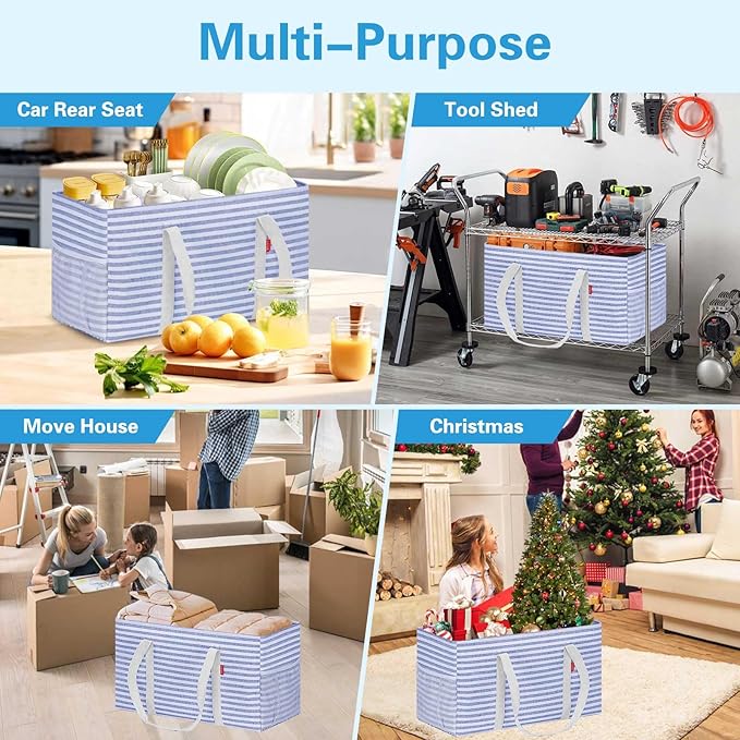 LHZK Standing Extra Large Utility Tote Bag with Metal Wire Frame and the Sides Rinforced, Extra Large Tote Bag with Handle, Reusable Grocery Bags Foldable, Beach Bag, Car Tote (Blue) | Metal Wire Frame