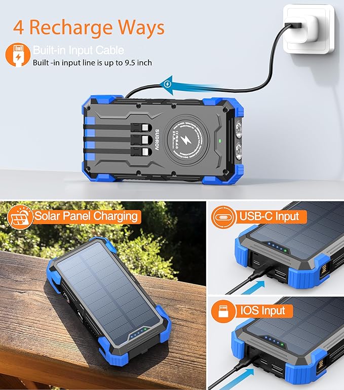 Sudrov Solar Charger Power Bank, 42800mAh Wireless Portable Charger with USB-C in/Output, QC3.0 Fast Charging 15W 4 Ports Outdoor Battery Pack Built-in LED Flashlight, for iPhone, Galaxy, iPad etc
