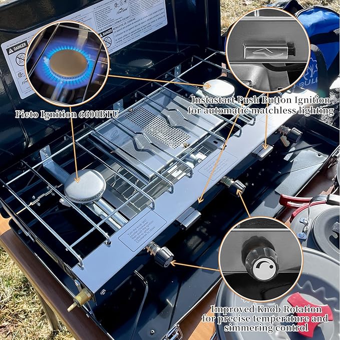 FineFlame Camping Stove, 3 Burners Propane Portable Camp Stove with Regulator, Push-Button Instant Ignition, Adjustable Burners & Wind Guards for Car BBQ Picnics Outdoor Cooking (Black-20400 BTUs)