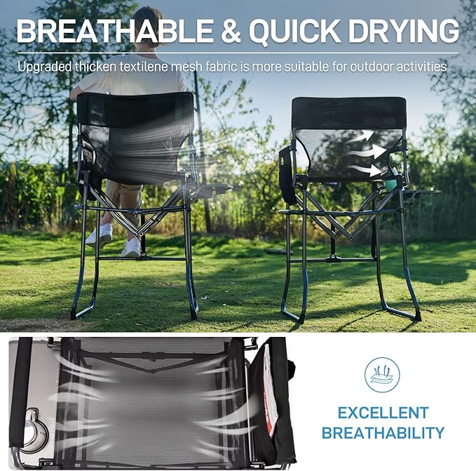 EVER ADVANCED Portable 30.7" Seat Height Tall Folding Camping Chair Directors Chair High Foldable Bar Stool with Side Table for Makeup Artist, Sports Event, Craft Show, Textilene Mesh, Supports 350LBS