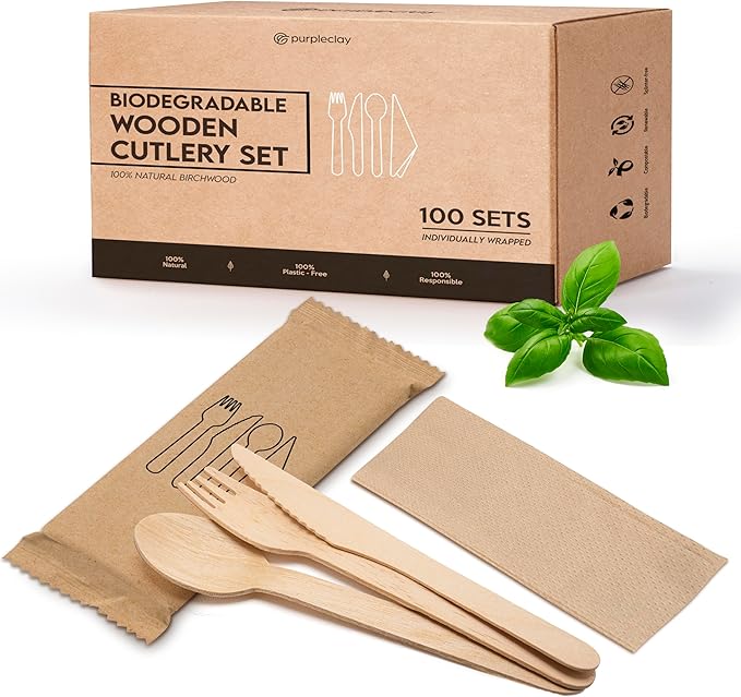 PURPLECLAY Wooden Disposable Utensils Set, 300 Pieces | Wrapped Utensils and Napkins, 100 Sets | Compostable Silverware for Parties | Eco Friendly, Plastic-Free Alternative to Bamboo Cutlery