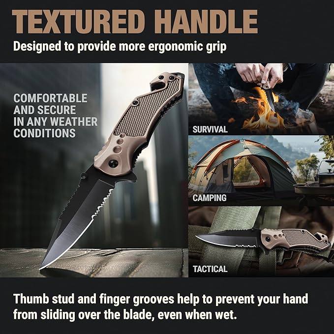 GOOD WORKER Legal Pocket Knife with 2.95” Serrated Blade, Glass Breaker, Seat Belt Cutter - EDC Sharp Folding Knives with Portable Clip - Small Tool for Tactical Camping Survival Hiking - Gifts for Men, Women