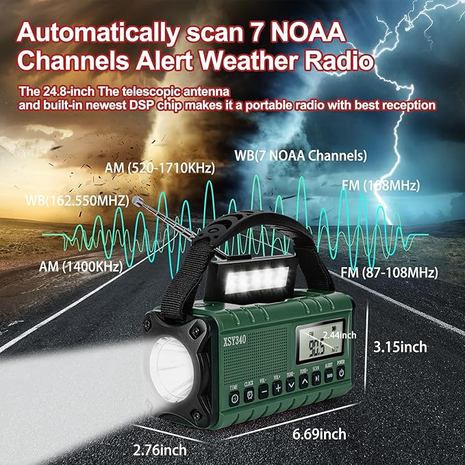 Emergency NOAA Weather Alert Radio with Solar & Hand Crank USB-C Charging Portable AM/FM Radio 3W Flashlight, Reading Lamp, Cell Phone Charger, SOS for Hurricane, Storm, Camping Emergencies