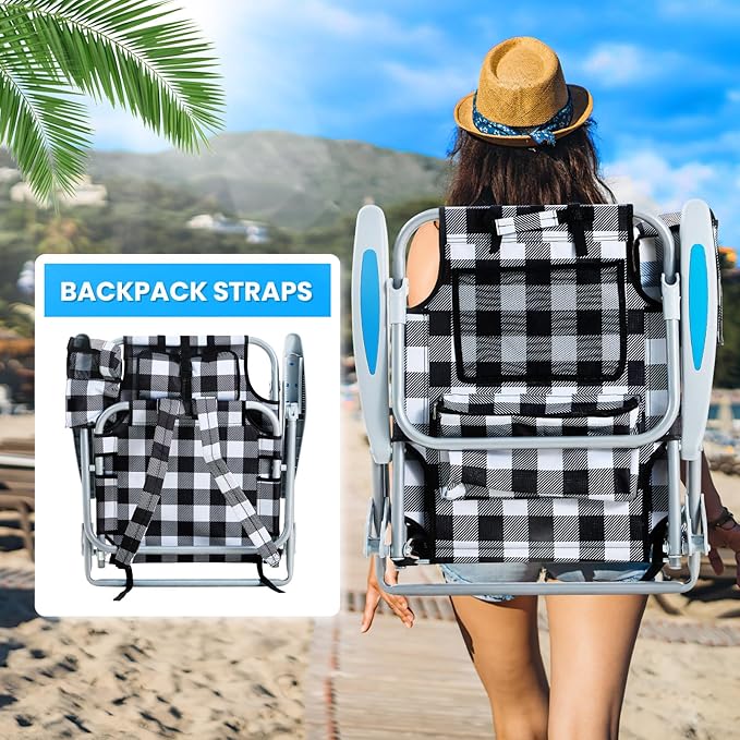 Portable Beach Chair for Adults, Outdoor Camping Chair Lay Flat Folding Backpack Beach Reclining Chair with 5 Positions, Headrest, Cup Holder, Heavy Plaid