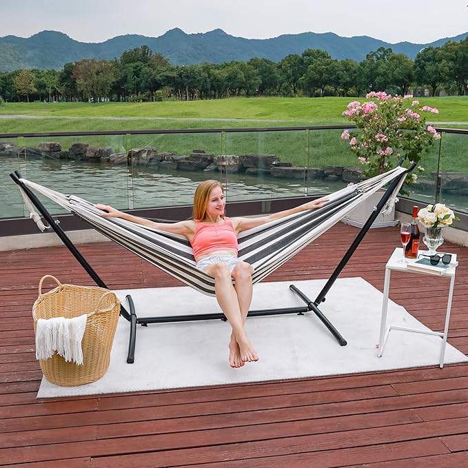 Prime Garden Hammock with Stand for Outside, Heavy Duty Space Saving Steel Stand with 450 lb Capacity,Double Hammock with Portable Carrying Bag, Hamacas para Adultos for Outdoors, Patio, Garden, Yard