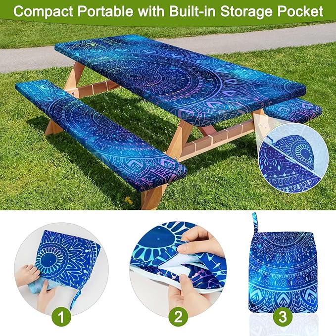 Picnic Table Cover with Bench Covers Portable Table Cloth Built-in Storage Pocket Fitted Tablecloth with Elastic Edges Waterproof Camping Essentials for Indoor Outdoor Rv,96in,Blue Purple