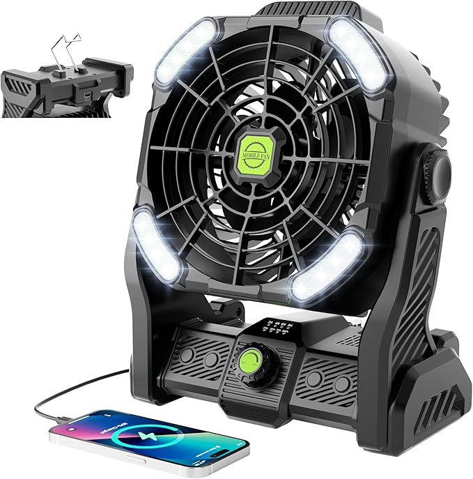 20000mAh Rechargeable Fan Portable, 270°Cordless Battery Powered Fan with LED Lantern, USB Camping Fans Battery Operated for Travel Tent Beach Fish Bedroom Desk Table