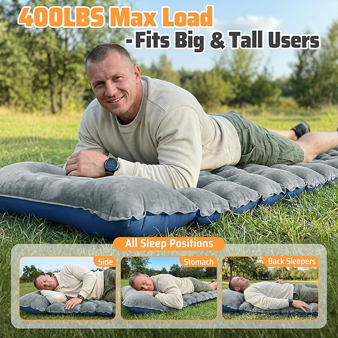 4" Thick Double-Sided Inflatable Sleeping Pad | Warm Crystal Velvet Top for Cold Weather, Waterproof Nylon Bottom | All-Season Camping Mattress for Backpacking, Hiking, Tent & Car Travel