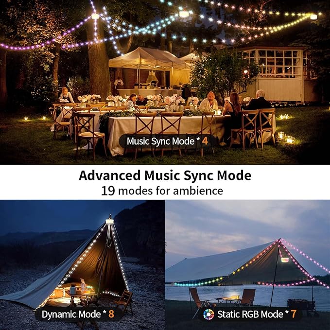 TOHETO Camping String Lights, 3 in 1 Upgraded Retractable RGB Outdoor String Lights with 19 Lighting Modes,Quick 30s Recovery, 32.8 FT Portable Tent Lights, Rechargeable Camping Lantern (White&Orange)