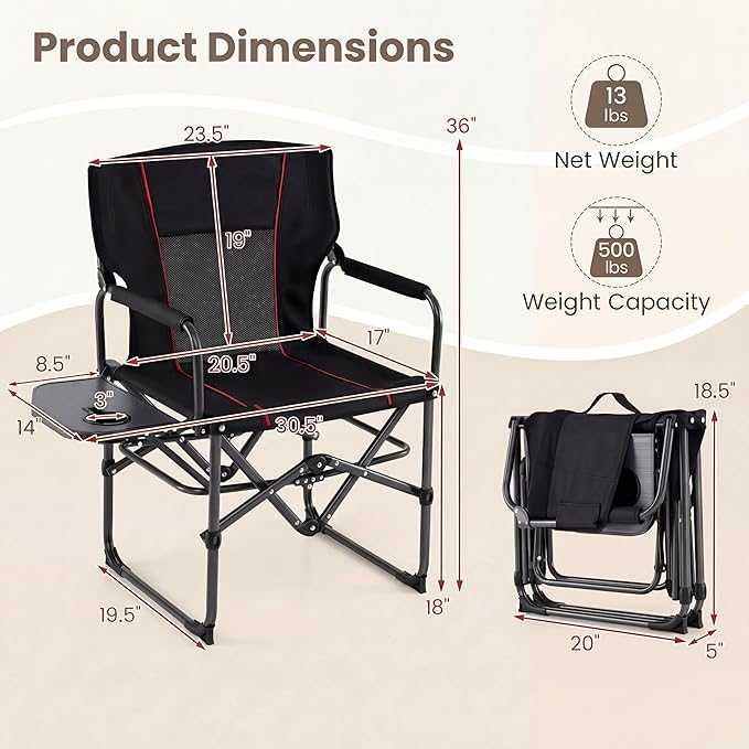 GYMAX Oversized Camping Directors Chair, Portable Folding Camping Chairs for Adults with Table, Heavy-Duty Lawn Chair for Fishing, Picnic, Sports, Beach, Outdoor, Supports 500LBS (Black)