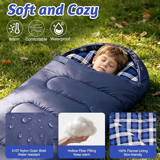Uniqwamer Kids Sleeping Bag for Girls Boys - 4 Seasons Cold & Warm Weather Flannel Camping Sleeping Bags, Lightweight & Waterproof 45°F Sleeping Bag for Camping Hiking Outdoor Travel