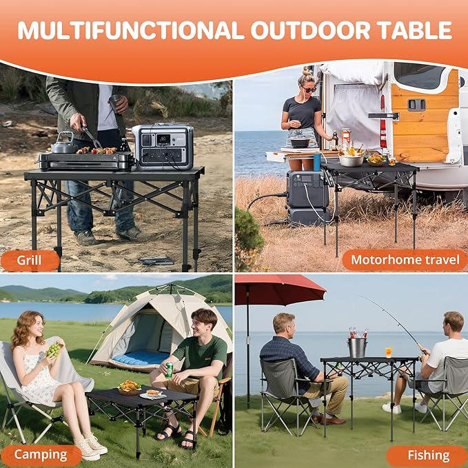 FUNYKICH Folding Camping Table(L26.4''xW22.8''), Aluminum Roll-up Portable Picnic Table with 2 Adjustable Height(17.3'' & 27.6'') for Picnic, Camping, BBQ, Party, Backyard, Beach