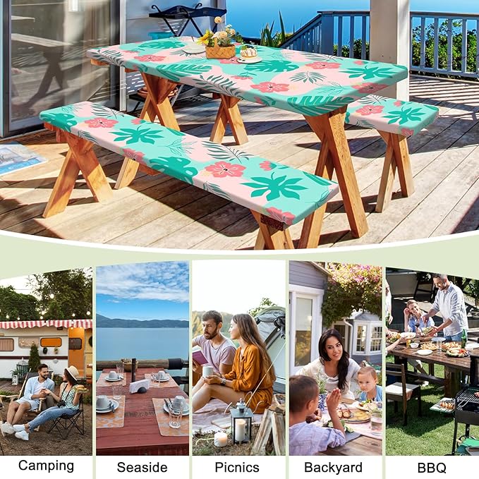 Picnic Table Cover with Bench Covers Portable Table Cloth Built-in Storage Pocket Fitted Tablecloth with Elastic Edges Waterproof Camping Essentials for Indoor Outdoor Rv,72in,Teal Pink