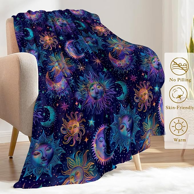Sun and Moon Fleece Blanket - Lightweight Soft Cozy Gifts Throw for Fantasy Lovers,Women,Men,Celestial Cosmic Star Blankets,Home Room Modern Artistic Decor 50x60in