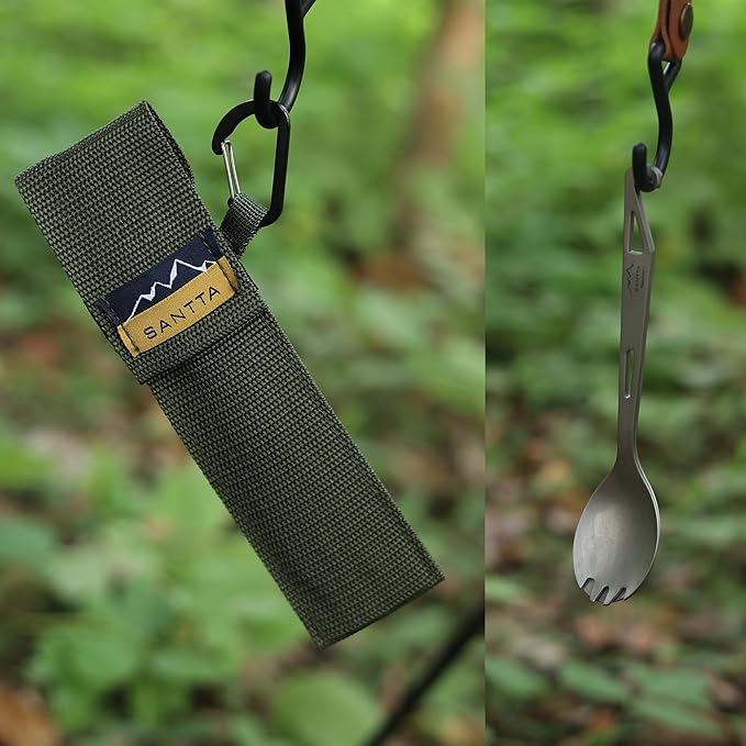 SANTTA Titanium Camping Spork Set of 2 Piece, Spoon Fork and Bottle Opener 3 in 1, Ultra light Multifunctional Ti Utensils with Storage Bag for Camping Backpacking Hiking Fishing Picnic and Travel