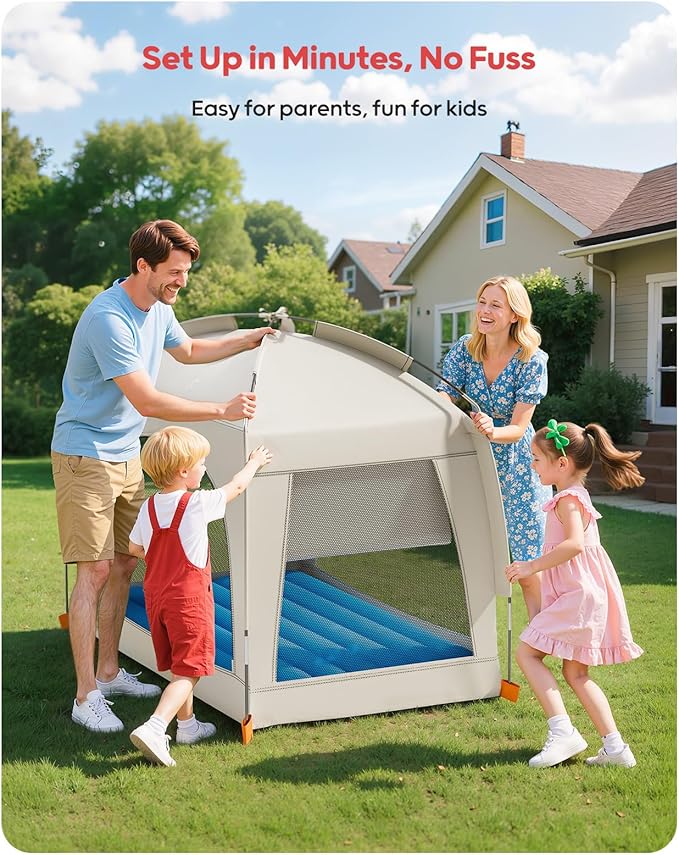 QPAU Inflatable Toddler Travel Bed with Tent – Lightweight Blow Up Kids Air Mattress with Hand Pump – Indoor & Outdoor Portable Sleeping Solution for Camping, Travel, Home, Grandma’s – Ages 3+