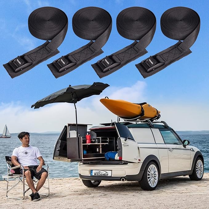 WEDAMER 2 Pack Kayak Tie Down Straps 5ft Cam Buckle Tie Downs Adjustable Kayak Strap for Trucks Motorcycles Boat RV - Ratchet Lashing Straps for Roof Rack Trailer Cargo Packing Securement (1" x 5ft)