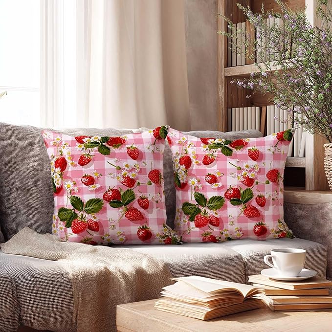 Strawberry Pink Gingham Throw Pillow Covers 18x18 Inch, Set of 2 | Square Cushion Covers for Couch & Living Room | Farmhouse Cottage Home Decor | Spring Summer Decorative Pillowcase