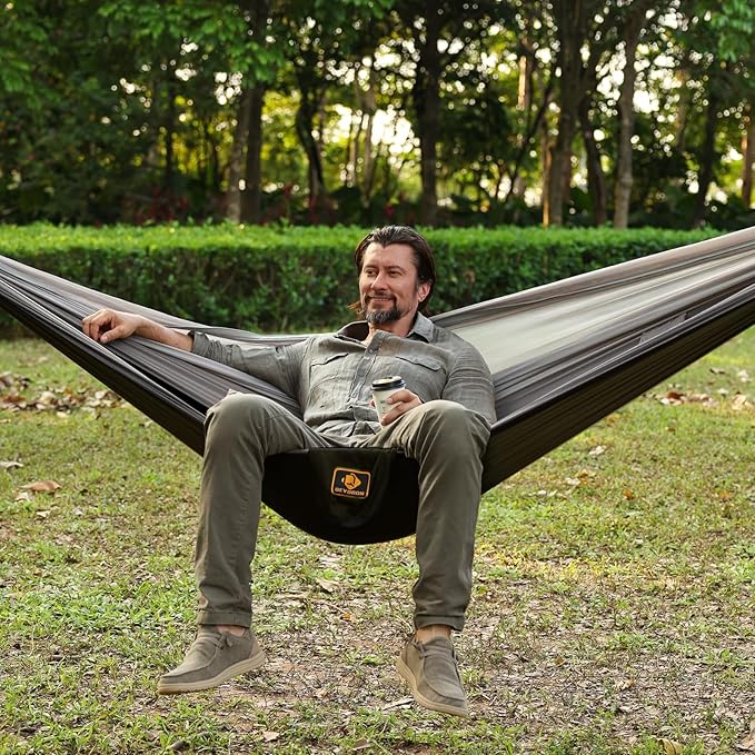 Camping Hammock with Mosquito Net,Lightweight 210T Nylon Hammocks,Portable Hammock with 10ft Tree Straps,Camping Gear Must Haves for Travel Hiking Backpacking Beach Patio-Black&Grey