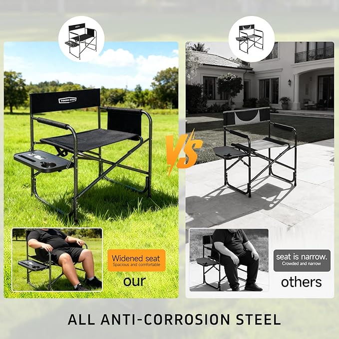 YOUNG WOOD Camping Directors Chair with Side Table, Foldable and Portable, Fishing,Trip,Picnic,Hike，Lawn,Sports,Beach,Outdoor Camping Chair for Adults,Drink Holder and Mobile Storage,2p