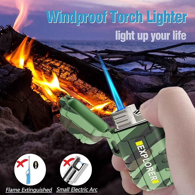 Torch 2 Pack Windproof Outdoor Gas Lighter - Adjustable Jet Flame, Fireplace, Fireworks, Grill, Camping, BBQ - Gifts for Men (Orange+Camo) (Without Butane)