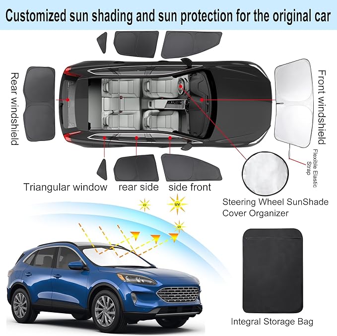 8PCS Windshield Sun Shade Custom Fit for 2020-2024 2025 2026 Ford Escape S, SE, SE Sport Hybrid, SEL, Titanium Accessories Foldable Sunshade Side Rear Window Shade Cover Full Set Privacy Protection