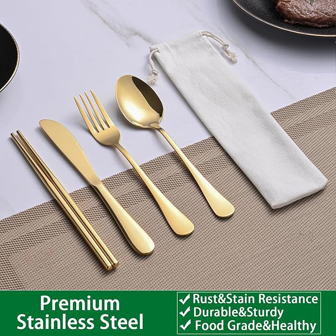 DEHOV Gold Travel Utensils Set With Pouch,Outdoor Camping Silverware Set For Picnic Gadgets,Set Of 5 Portable Cutlery Spoon And Fork Set With Case For Dining